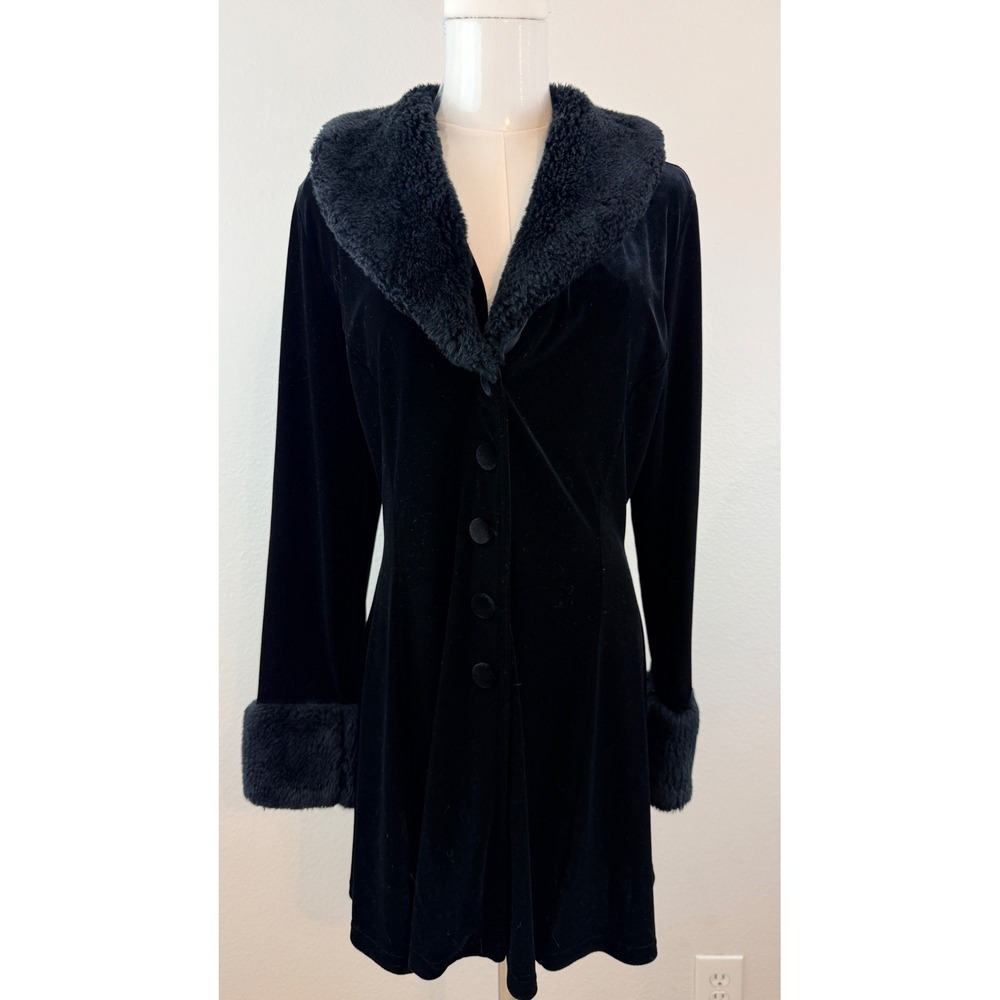 BASIC USA Whimsigoth Goth Black Velvet Faux Fur Trim Button Front Coat Large